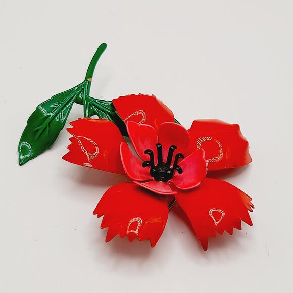 Vintage 1960s Red Green Enamel Flower Brooch - Picture 5 of 10